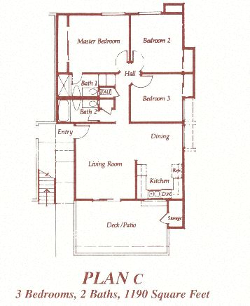 Floor plan for 3 beds, 2 baths, 1190 sqft